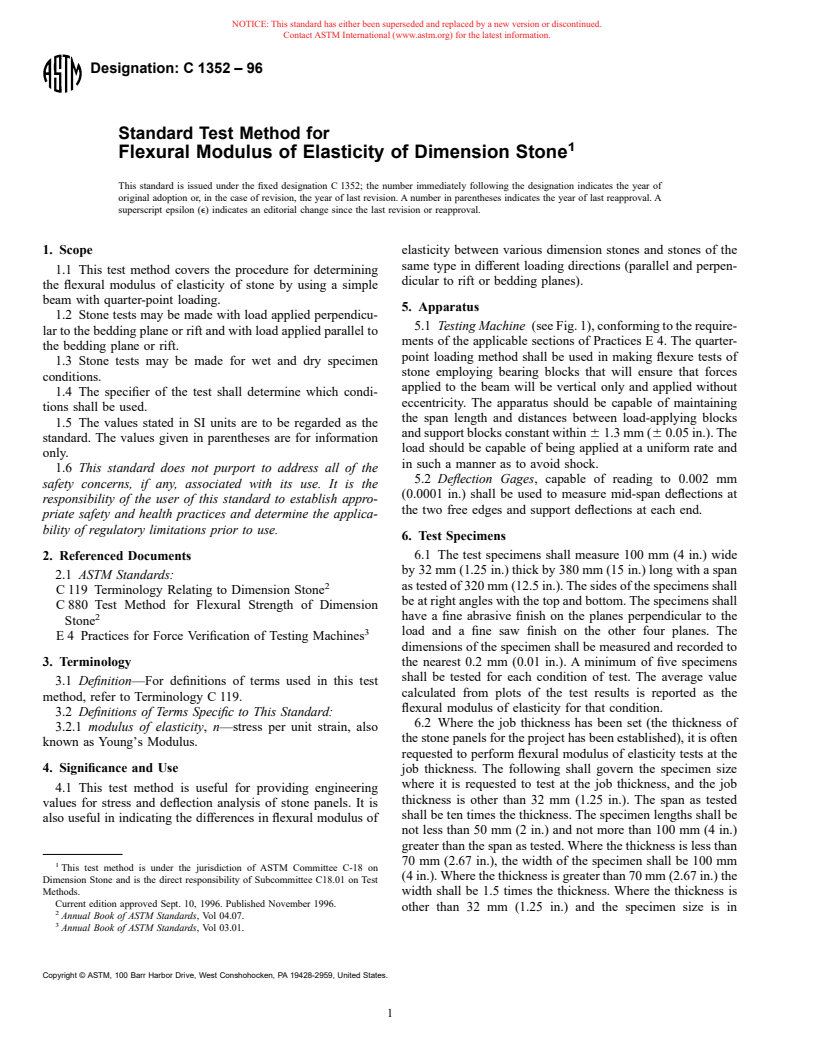 ASTM C1352-96 - Standard Test Method for Flexural Modulus of Elasticity of Dimension Stone