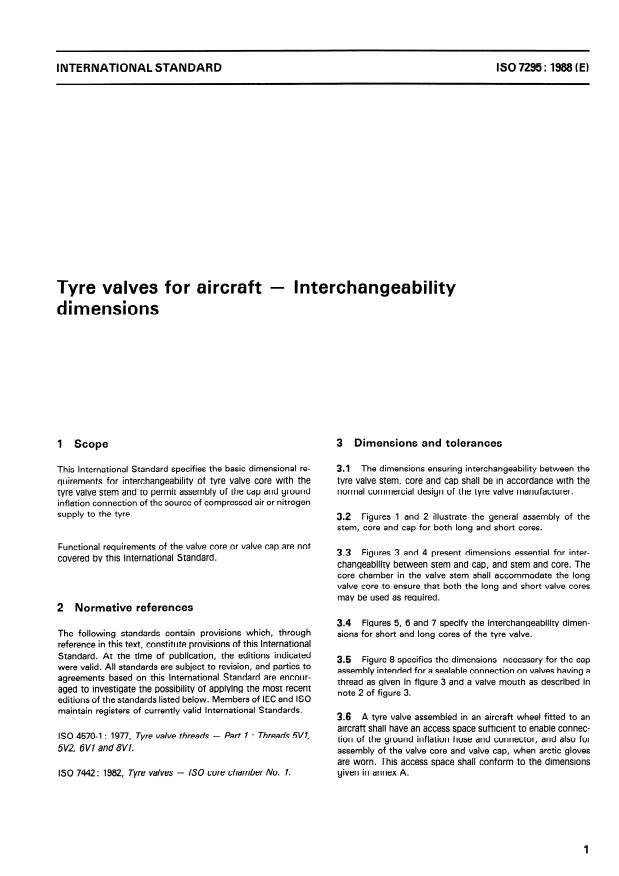 ISO 7295:1988 - Tyre valves for aircraft -- Interchangeability dimensions