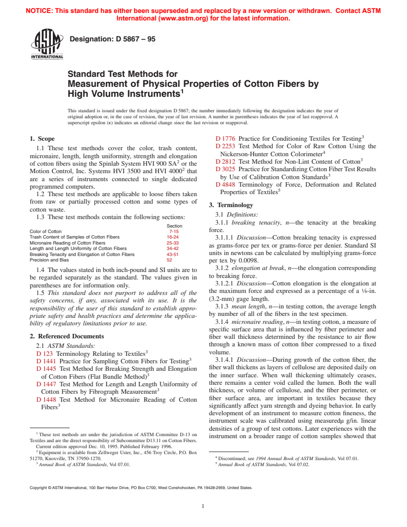 ASTM D5867-95 - Standard Test Methods for Measurement of Physical Properties of Cotton Fibers by High Volume Instruments (Withdrawn 2004)