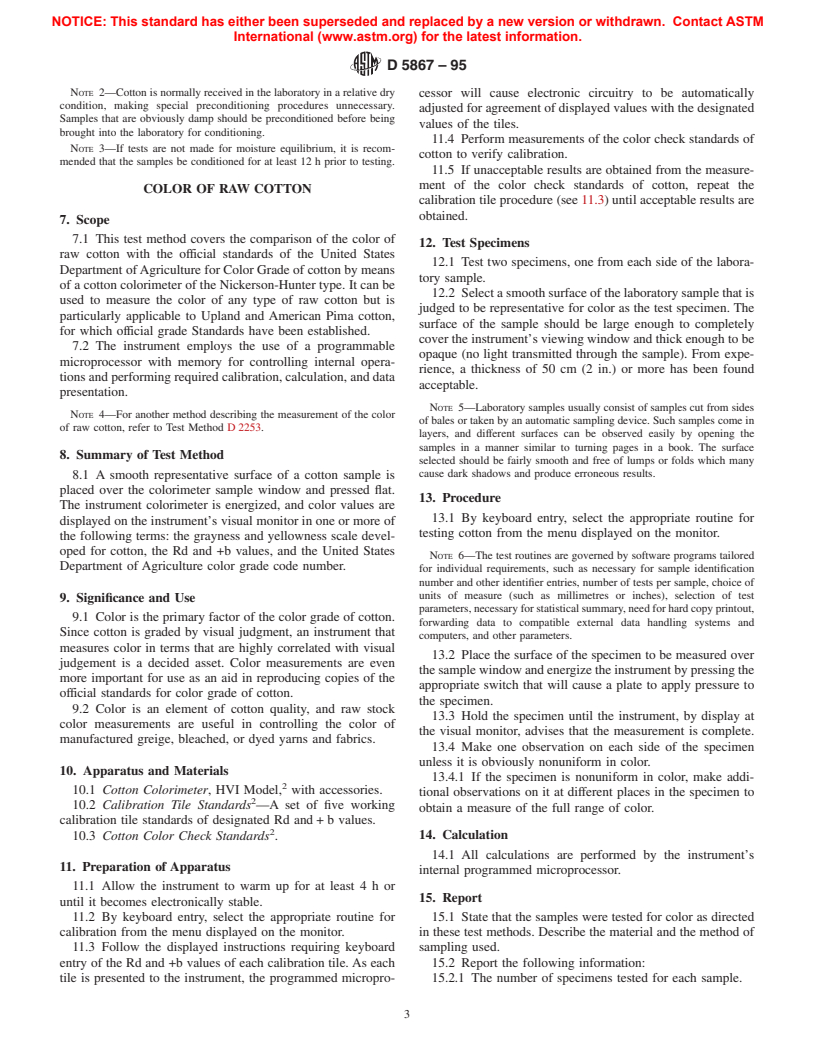 ASTM D5867-95 - Standard Test Methods for Measurement of Physical Properties of Cotton Fibers by High Volume Instruments (Withdrawn 2004)