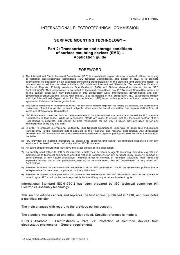 IEC 61760-2:2007 IEC 61760-2:2007 - Surface mounting technology - Part 2: Transportation and storage conditions of surface mounting devices (SMD) - Application guide - Page 4 preview