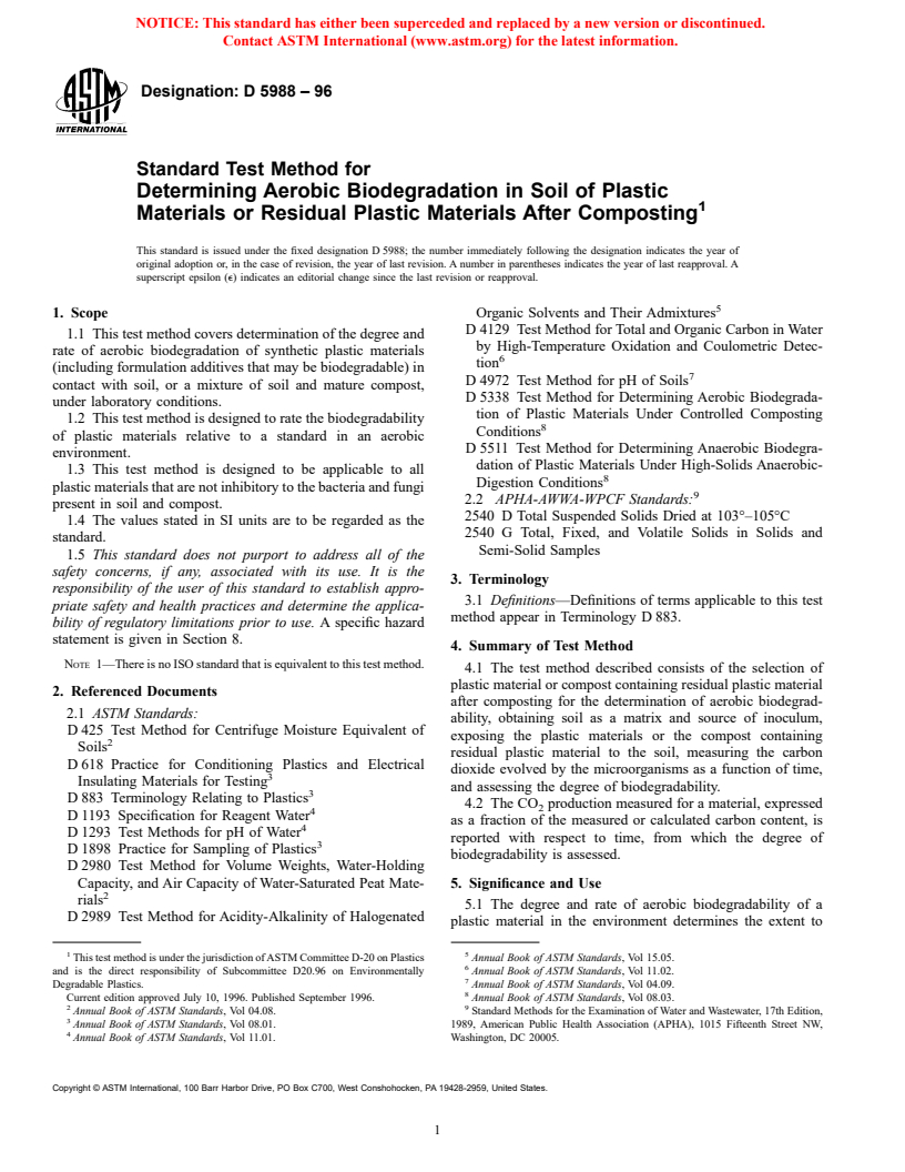 ASTM D5988-96 - Standard Test Method for Determining Aerobic Biodegradation in Soil of Plastic Materials or Residual Plastic Materials After Composting