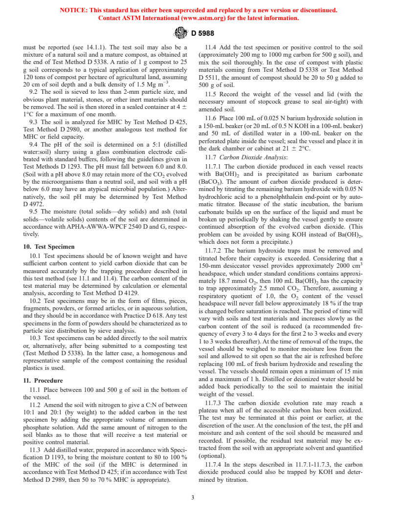 ASTM D5988-96 - Standard Test Method for Determining Aerobic Biodegradation in Soil of Plastic Materials or Residual Plastic Materials After Composting