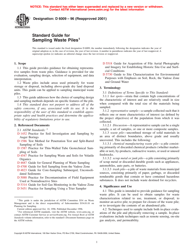 ASTM D6009-96(2001) - Standard Guide for Sampling Waste Piles