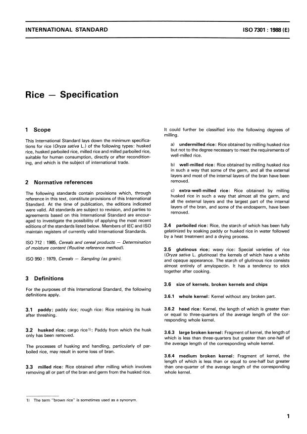 ISO 7301:1988 - Rice -- Specification