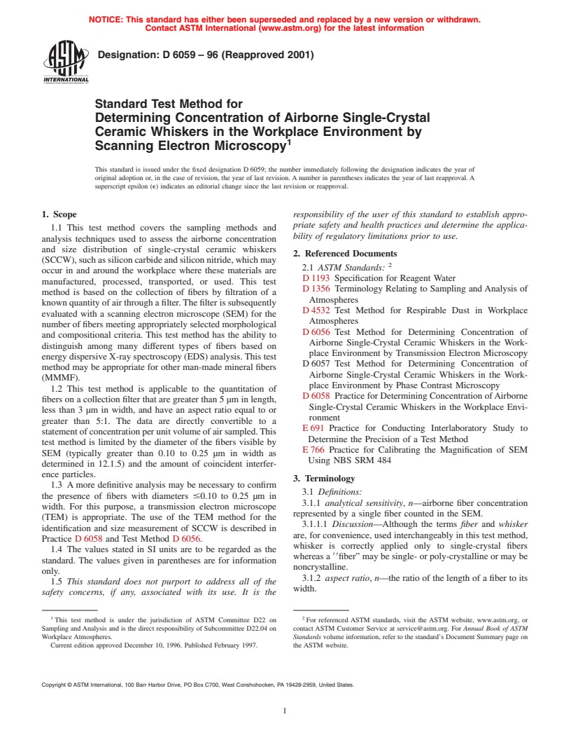 ASTM D6059-96(2001) - Standard Test Method for Determining Concentration of Airborne Single-Crystal Ceramic Whiskers in the Workplace Environment by Scanning Electron Microscopy