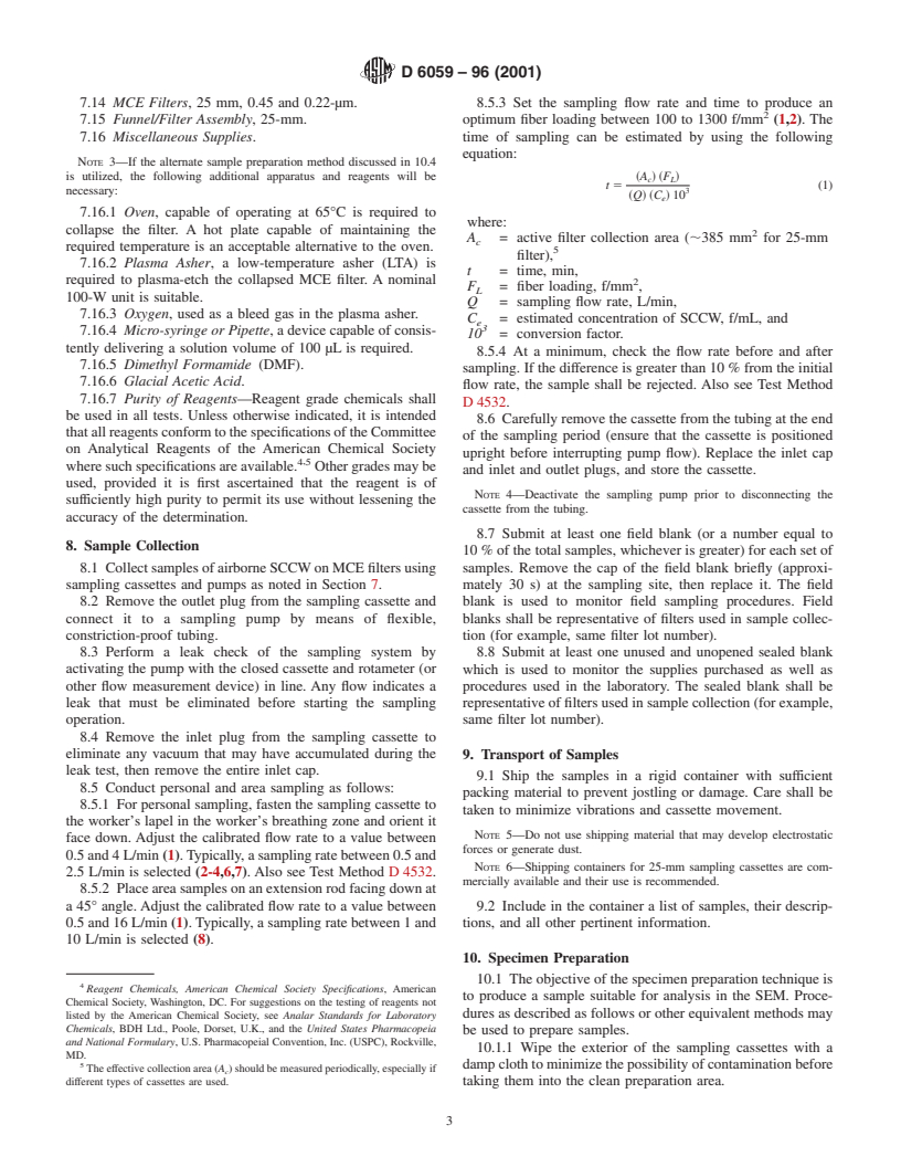 ASTM D6059-96(2001) - Standard Test Method for Determining Concentration of Airborne Single-Crystal Ceramic Whiskers in the Workplace Environment by Scanning Electron Microscopy