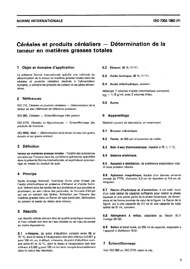 ISO 7302:1982 - Céréales et produits céréaliers -- Détermination de la teneur en matieres grasses totales