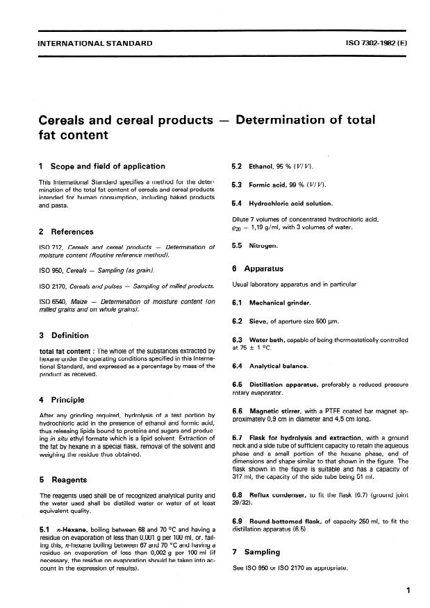 ISO 7302:1982 - Cereals and cereal products -- Determination of total fat content