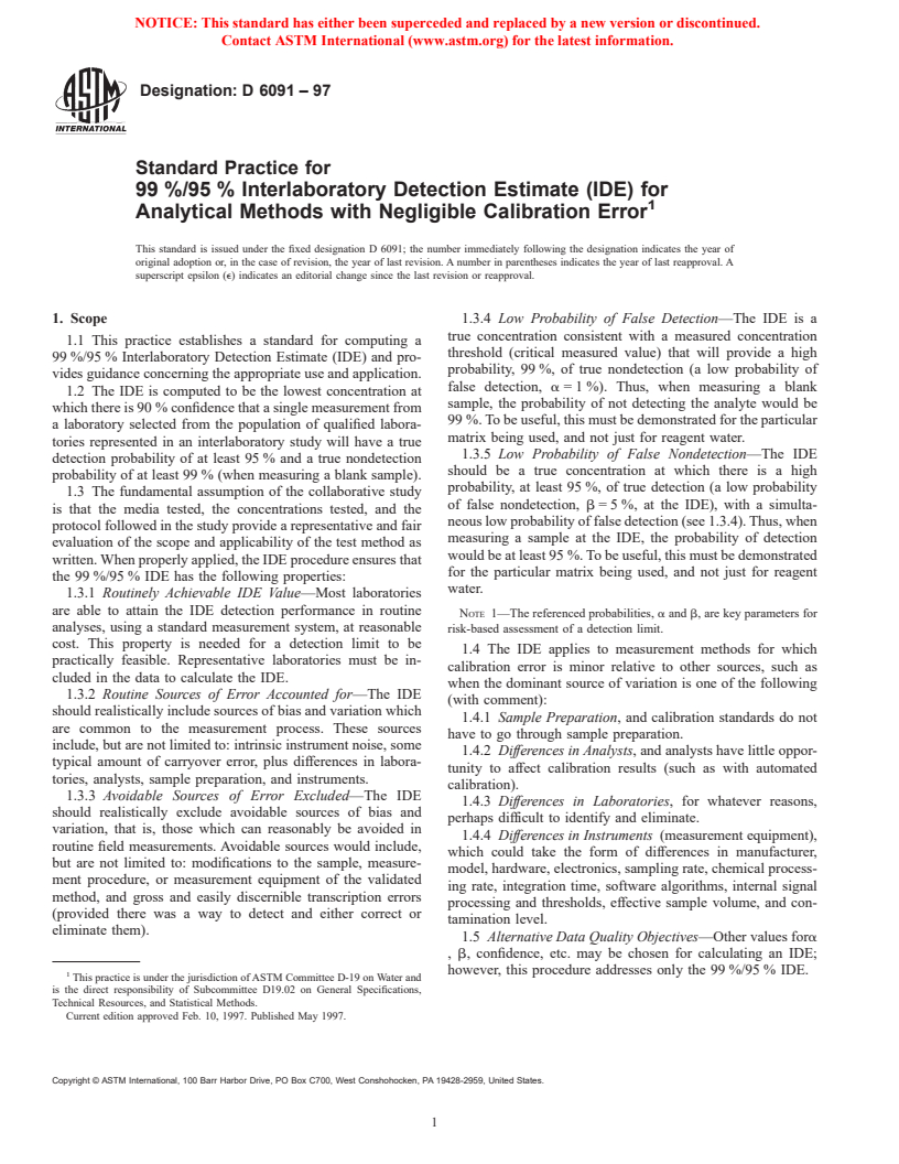 ASTM D6091-97 - Standard Practice for 99 %/95 % Interlaboratory Detection Estimate (IDE) for Analytical Methods with Negligible Calibration Error