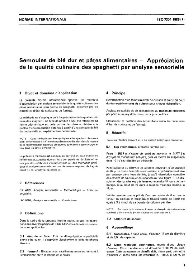 ISO 7304:1985 - Semoules de blé dur et pâtes alimentaires -- Appréciation de la qualité culinaire des spaghetti par analyse sensorielle