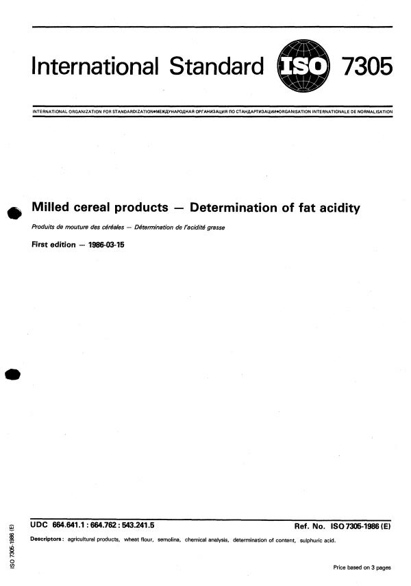 ISO 7305:1986 - Milled cereal products -- Determination of fat acidity