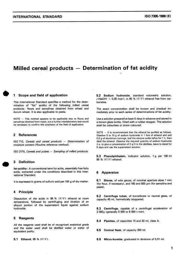 ISO 7305:1986 - Milled cereal products -- Determination of fat acidity