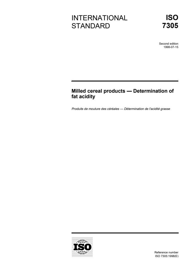 ISO 7305:1998 - Milled cereal products -- Determination of fat acidity