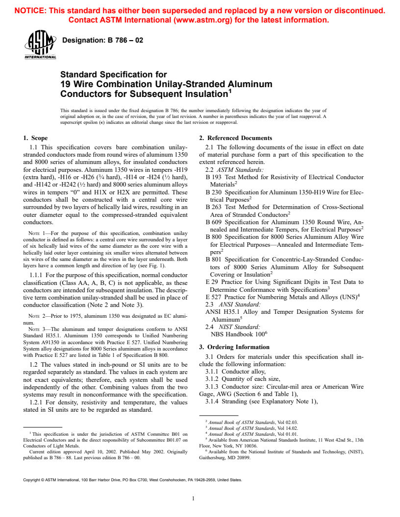 ASTM B786-02 - Standard Specification for 19 Wire Combination Unilay-Stranded Aluminum Conductors for Subsequent Insulation