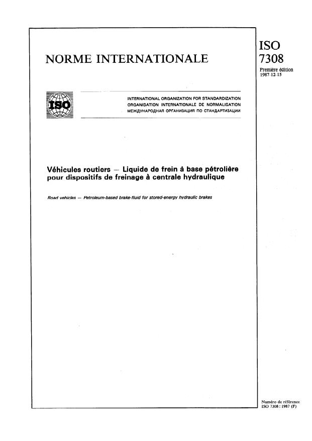 ISO 7308:1987 - Véhicules routiers -- Liquide de frein a base pétroliere pour dispositifs de freinage a centrale hydraulique