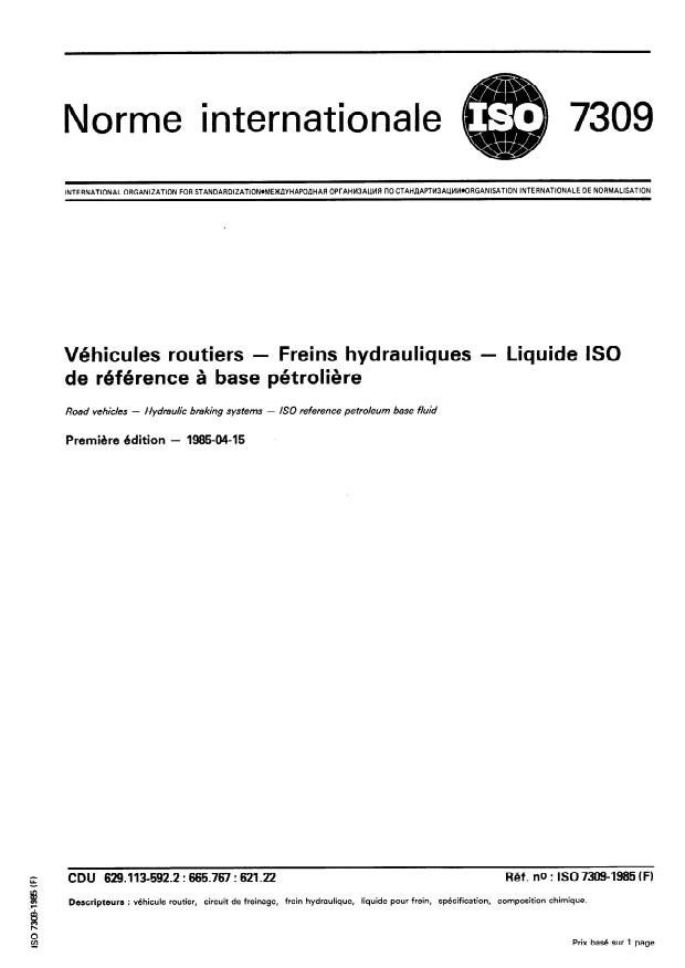 ISO 7309:1985 - Véhicules routiers -- Freins hydrauliques -- Liquide ISO de référence a base pétroliere