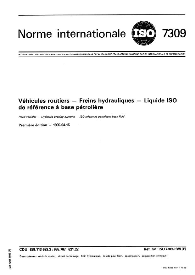 ISO 7309:1985 - Véhicules routiers -- Freins hydrauliques -- Liquide ISO de référence a base pétroliere
