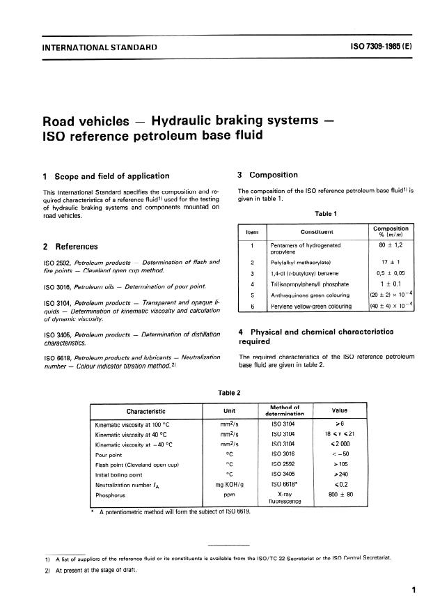 ISO 7309:1985 - Road vehicles -- Hydraulic braking systems -- ISO reference petroleum base fluid