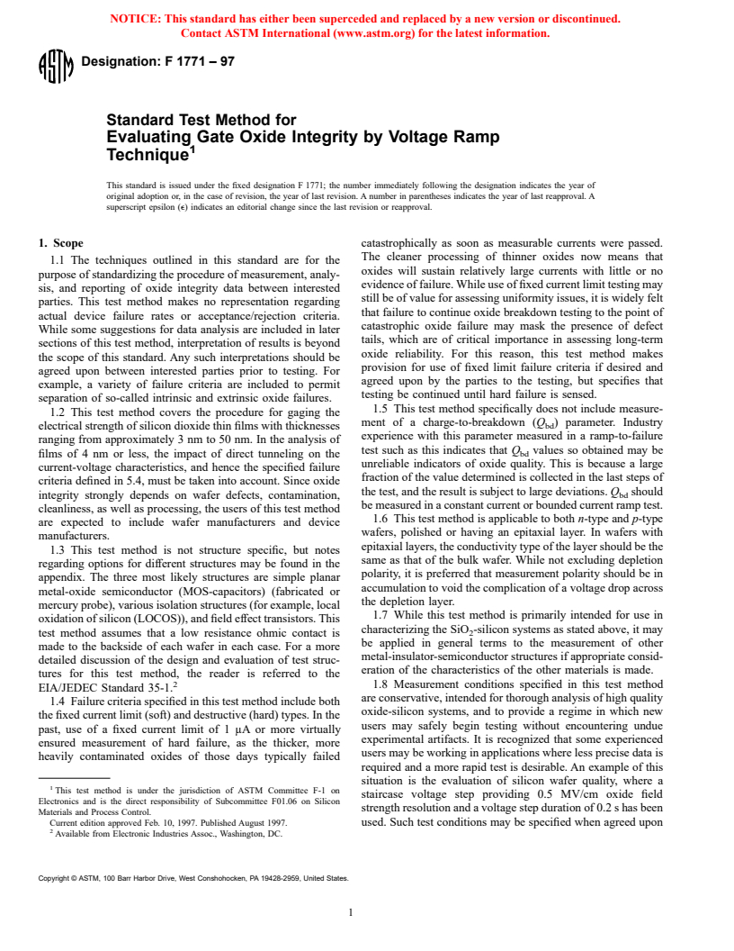 ASTM F1771-97 - Standard Test Method for Evaluating Gate Oxide Integrity by Voltage Ramp Technique