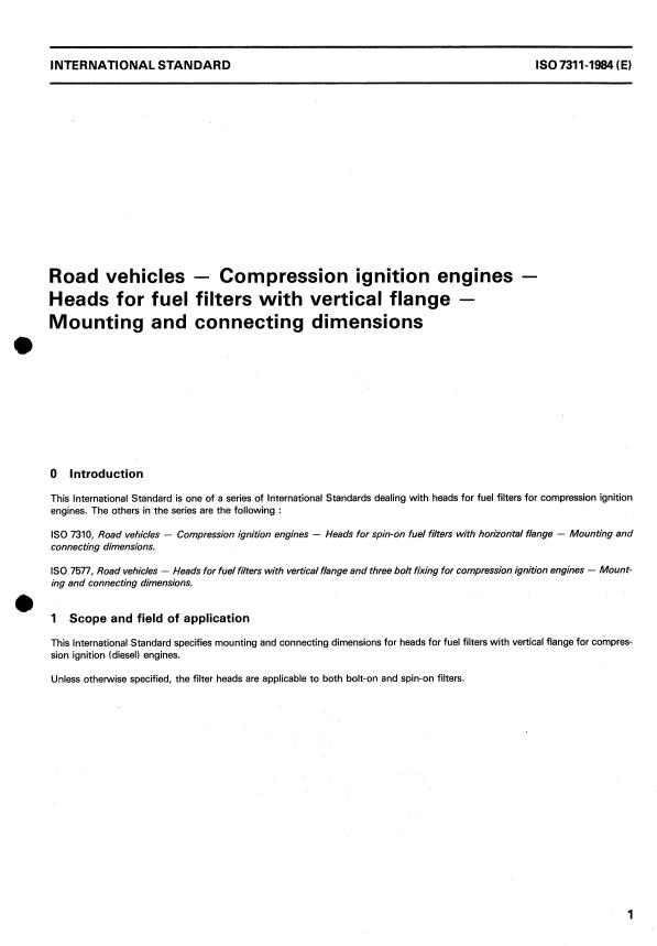 ISO 7311:1984 - Road vehicles -- Compression ignition engines -- Heads for fuel filters with vertical flange -- Mounting and connecting dimensions