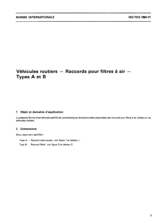 ISO 7312:1984 - Véhicules routiers -- Raccords pour filtres a air -- Types A et B