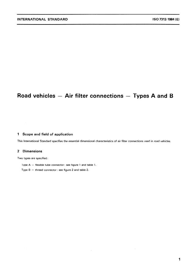 ISO 7312:1984 - Road vehicles -- Air filter connections -- Types A and B