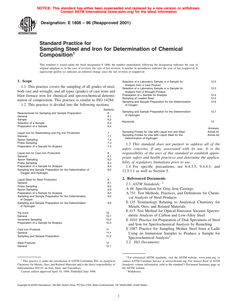 ASTM E1806-96(2001) - Standard Practice for Sampling Steel and Iron for Determination of Chemical Composition