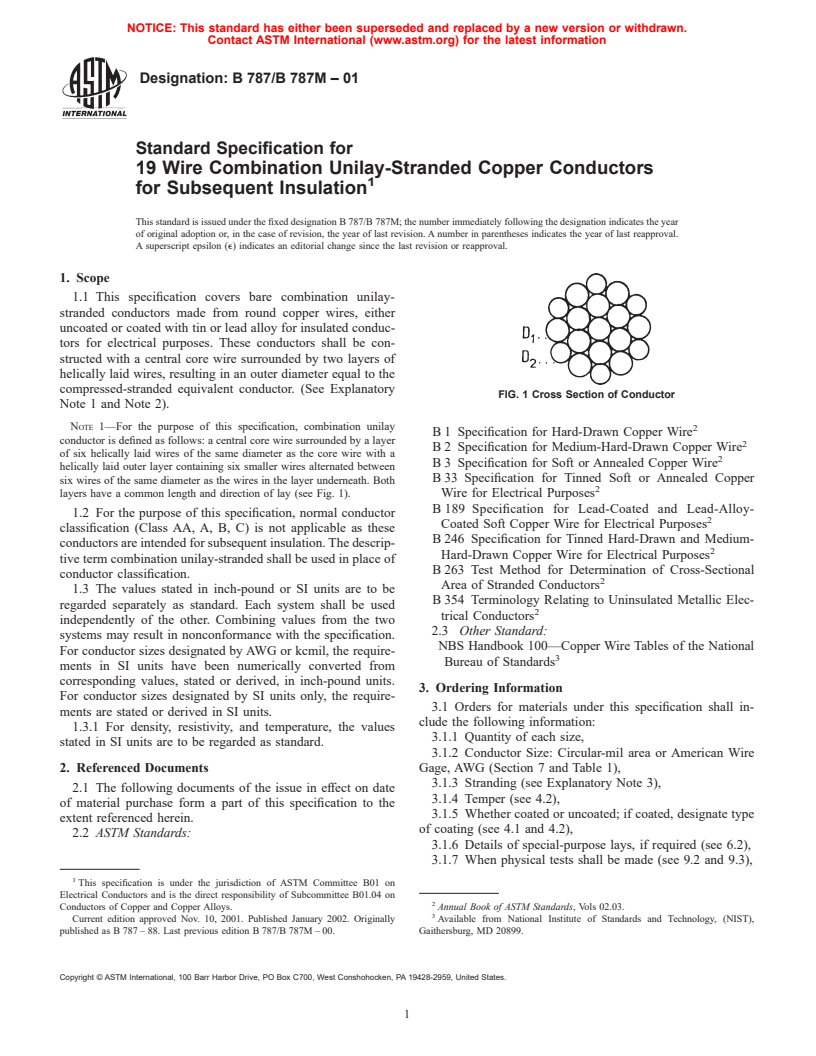 ASTM B787/B787M-01 - Standard Specification for 19 Wire Combination Unilay-Stranded Copper Conductors for Subsequent Insulation