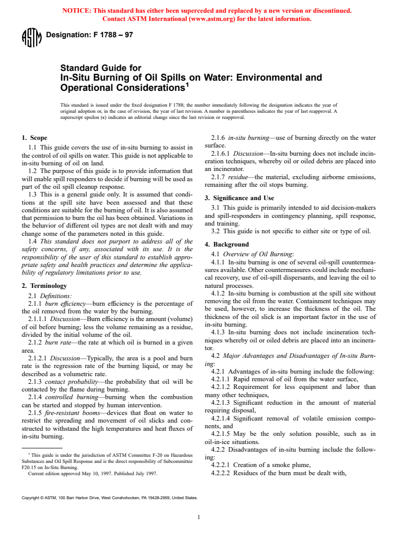 ASTM F1788-97 - Standard Guide for In-Situ Burning of Oil Spills on Water: Environmental and Operational Considerations