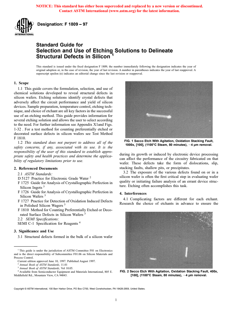 ASTM F1809-97 - Standard Guide for Selection and Use of Etching Solutions to Delineate Structural Defects in Silicon