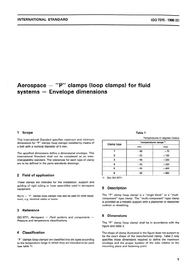 ISO 7315:1988 - Aerospace -- "P" clamps (loop clamps) for fluid systems -- Envelope dimensions