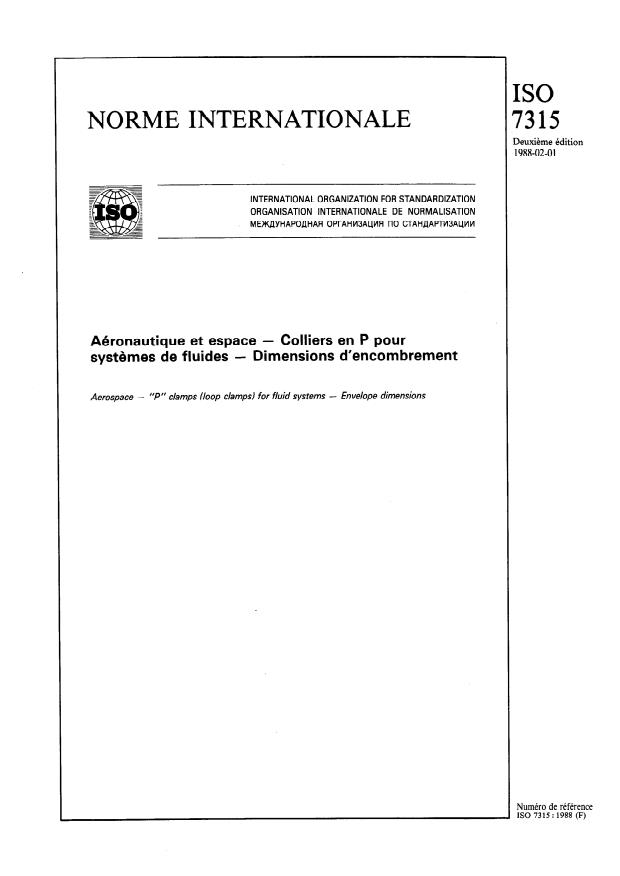 ISO 7315:1988 - Aéronautique et espace -- Colliers en P pour systemes de fluides -- Dimensions d'encombrement