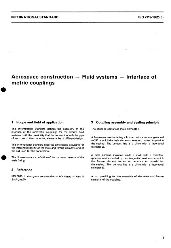 ISO 7319:1982 - Aerospace construction -- Fluid systems -- Interface of metric couplings