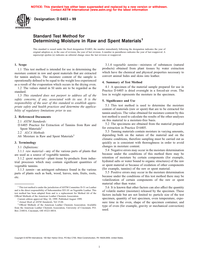 ASTM D6403-99 - Standard Test Method for Determining Moisture in Raw and Spent Materials