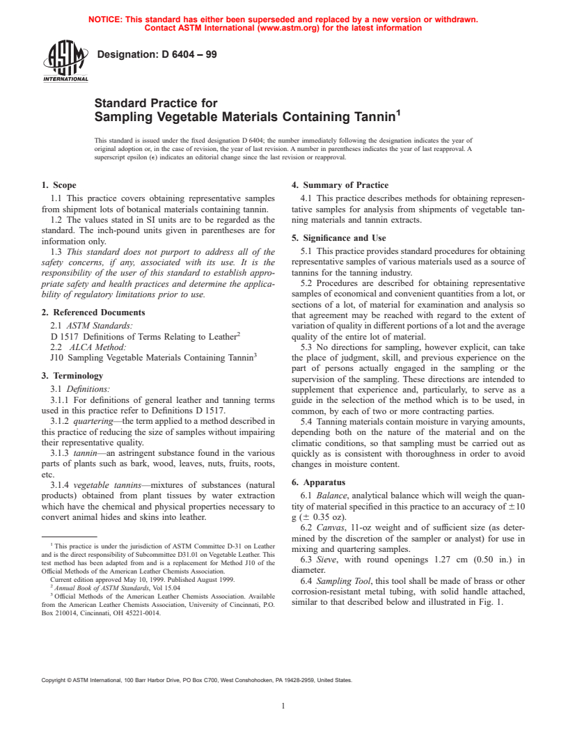 ASTM D6404-99 - Standard Practice for Sampling Vegetable Materials Containing Tannin