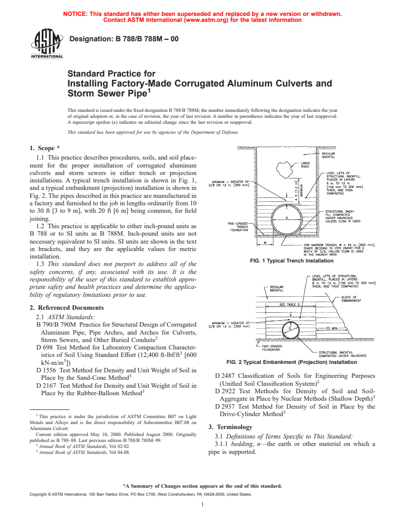 ASTM B788/B788M-00 - Standard Practice for Installing Factory-Made Corrugated Aluminum Culverts and Storm Sewer Pipe