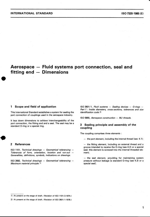 ISO 7320:1985 - Aerospace -- Fluid systems port connection, seal and fitting end -- Dimensions