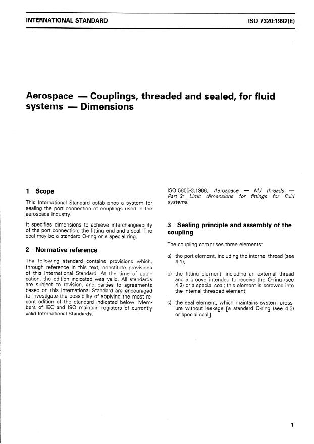 ISO 7320:1992 - Aerospace -- Couplings, threaded and sealed, for fluid systems -- Dimensions
