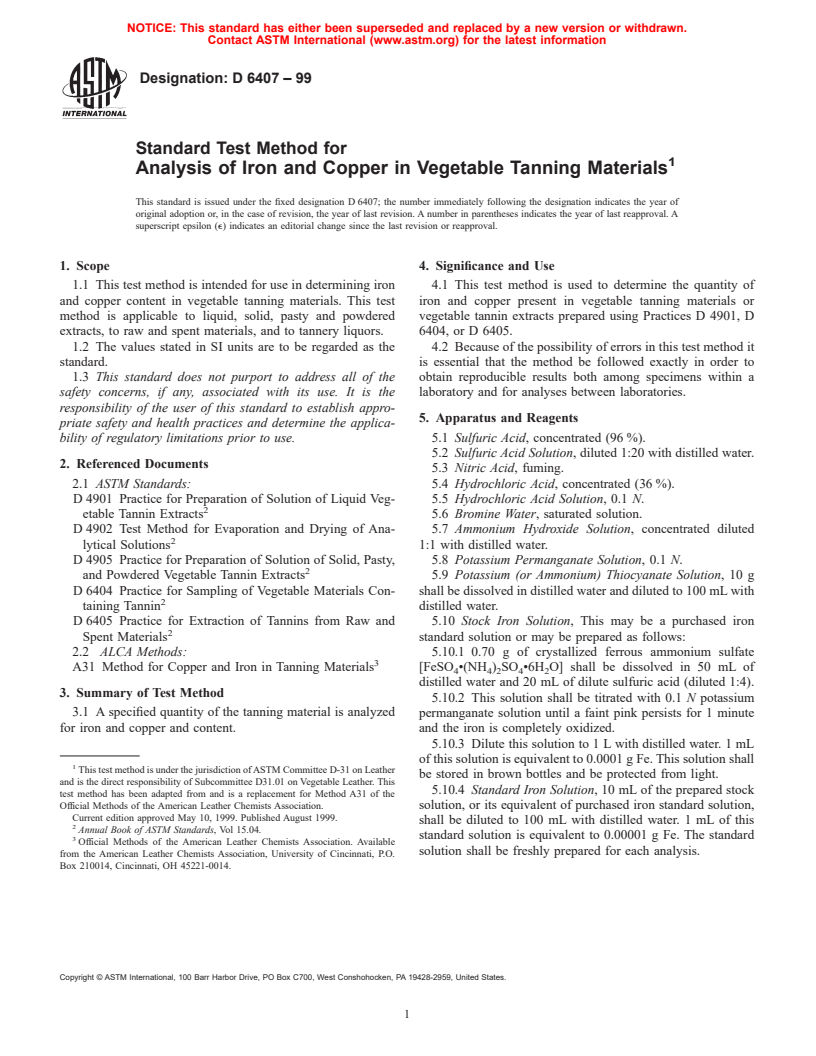 ASTM D6407-99 - Standard Test Method for Analysis of Iron and Copper in Vegetable Tanning Materials