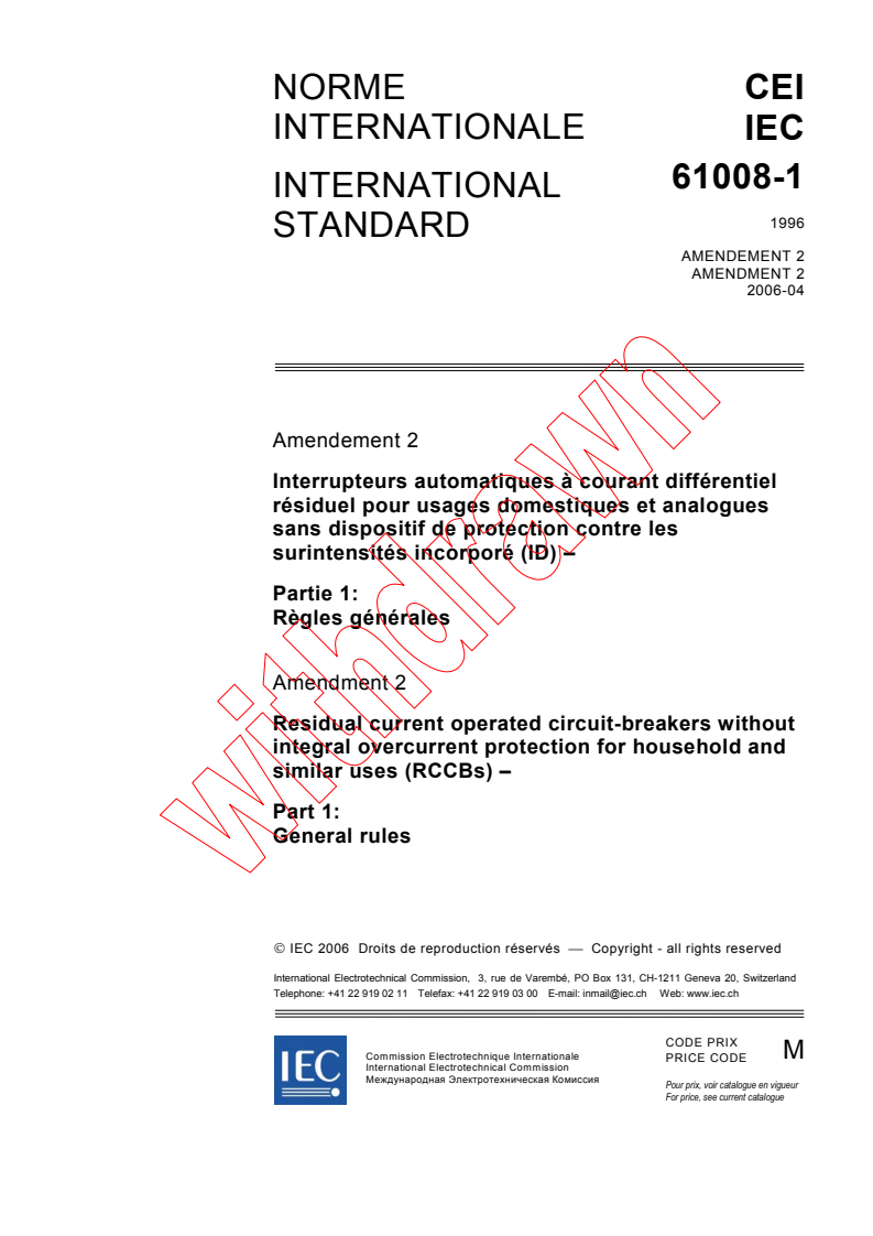 IEC 61008-1:1996/AMD2:2006 - Amendment 2 - Residual current operated circuit-breakers without integral overcurrent protection for household and similar uses (RCCBs) - Part 1: General rules
Released:4/13/2006
Isbn:2831885973