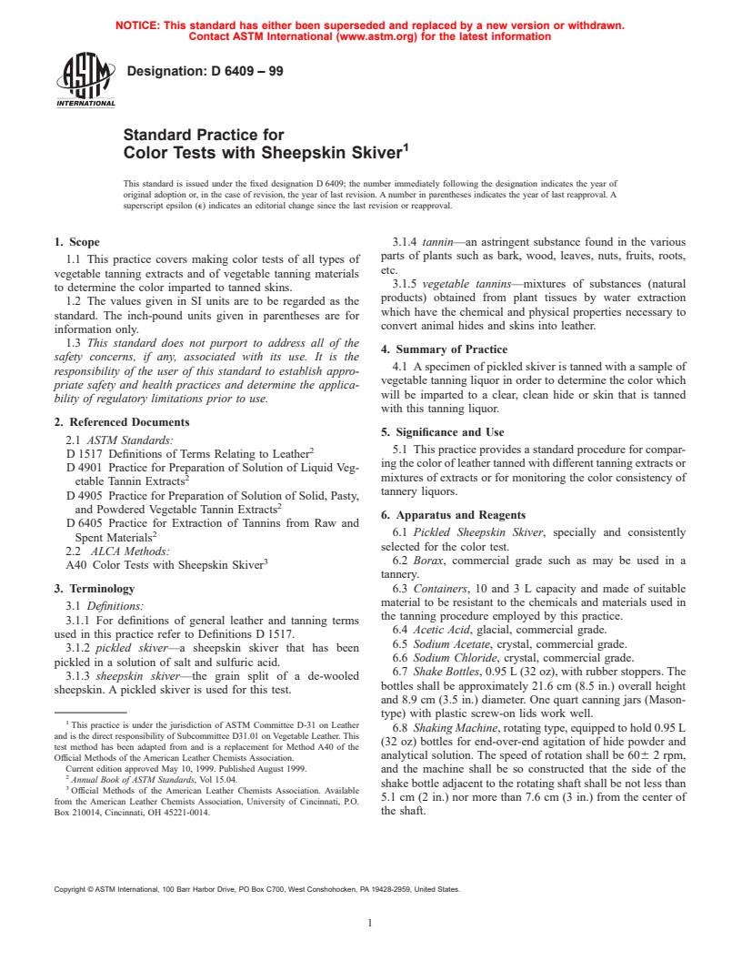 ASTM D6409-99 - Standard Practice for Color Tests with Sheepskin Skiver