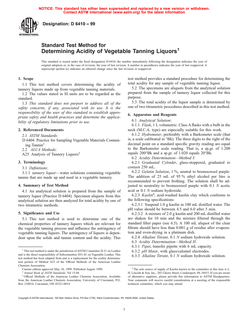 ASTM D6410-99 - Standard Test Method for Determining Acidity of Vegetable Tanning Liquors