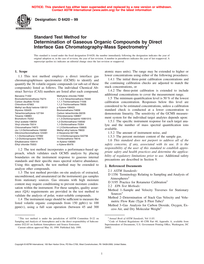 ASTM D6420-99 - Standard Test Method for Determination of Gaseous Organic Compounds by Direct Interface Gas Chromatography-Mass Spectrometry