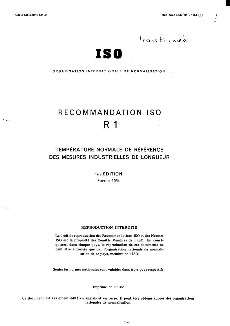 ISO/R 1:1951 - Title missing - Legacy paper document
Released:1/1/1951