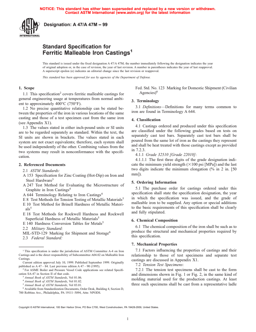 ASTM A47/A47M-99 - Standard Specification for Ferritic Malleable Iron Castings