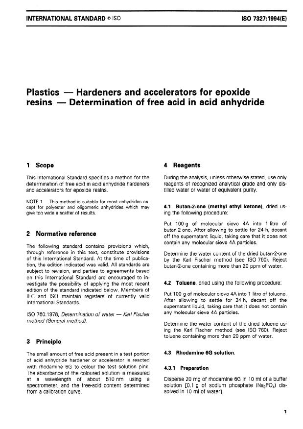 ISO 7327:1994 - Plastics -- Hardeners and accelerators for epoxide resins -- Determination of free acid in acid anhydride