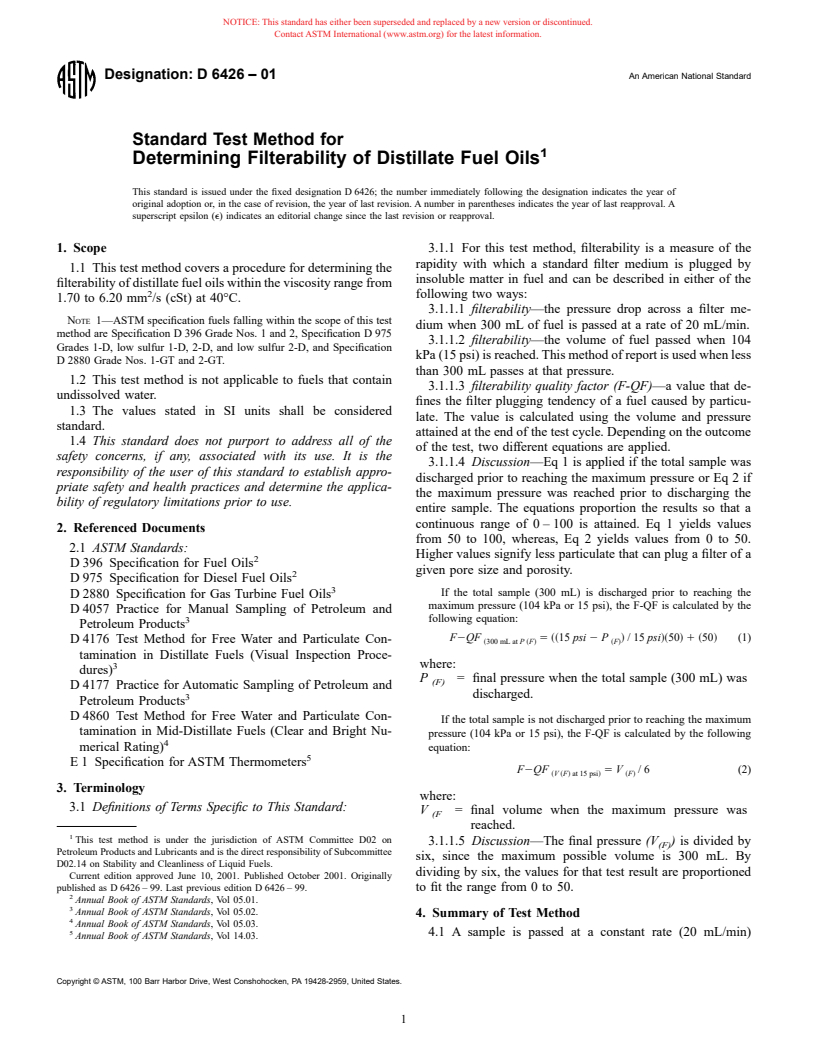 ASTM D6426-01 - Standard Test Method for Determining Filterability of Distillate Fuel Oils