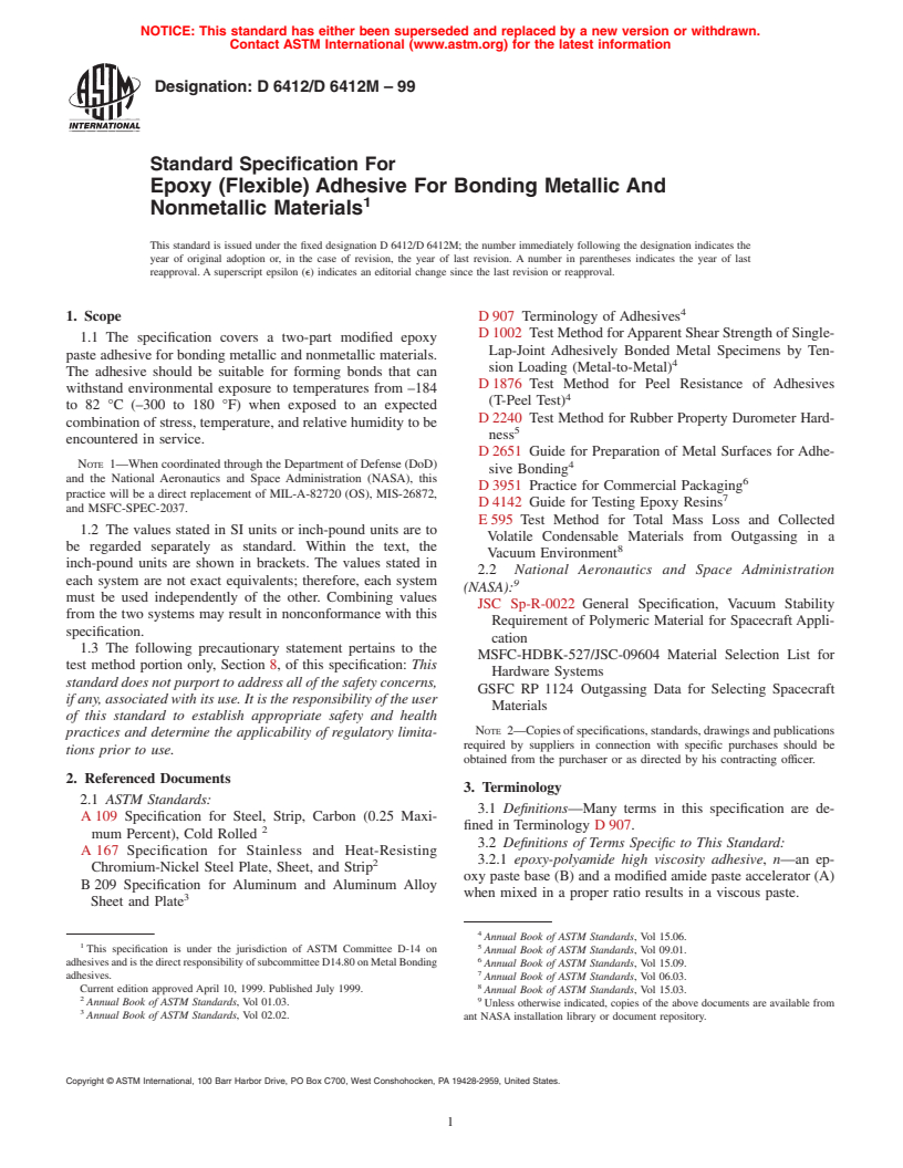 ASTM D6412/D6412M-99 - Standard Specification for Epoxy (Flexible) Adhesive for Bonding Metallic and Nonmetallic Materials