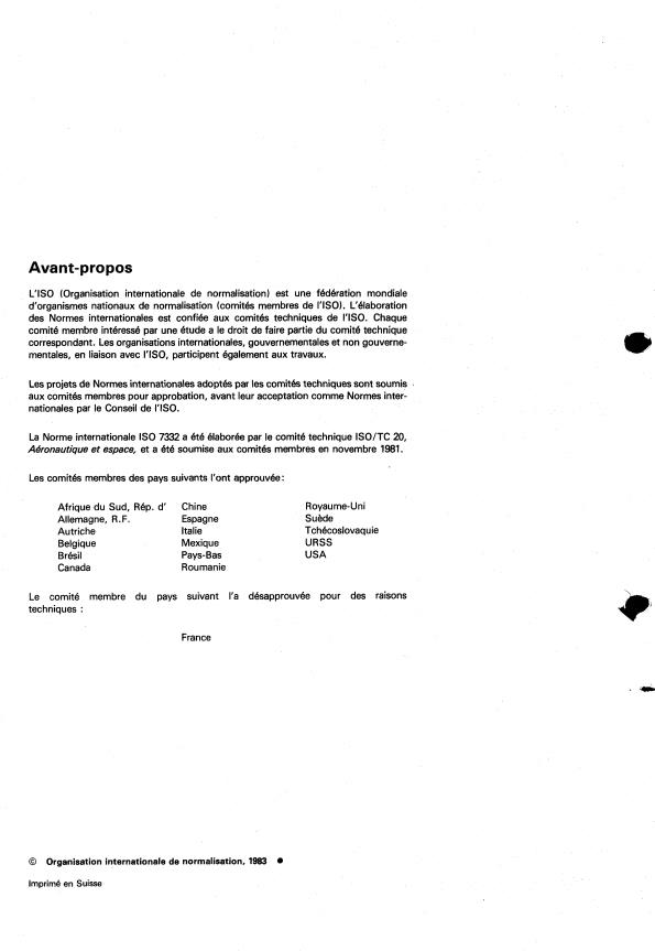 ISO 7332:1983 ISO 7332:1983 - Éléments de fixation métriques pour les constructions aérospatiales -- Écrous a river, a freinage interne, flottants, double patte, série réduite, avec chambrage -- Classe de résistance 1 100 MPa -- Température maximale d'utilisation 235 degrés C - Page 2 preview